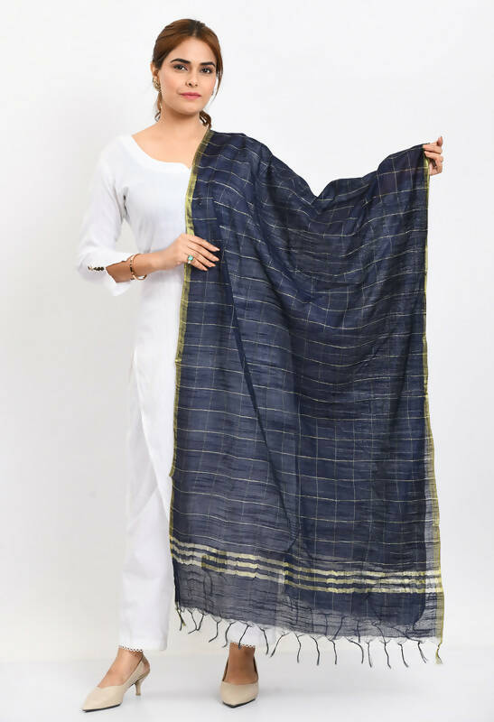 Mominos Fashion Moeza Women's Cotton Zari Box Navy Blue Dupatta