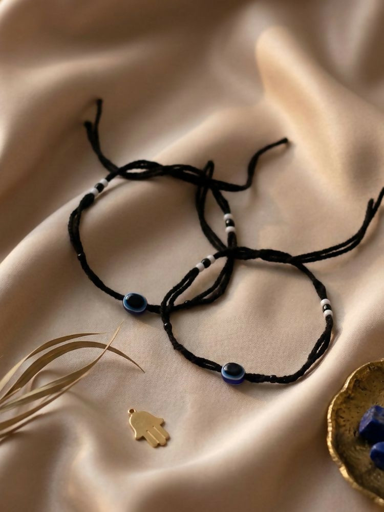 NVR Women Set of 2 Black Beaded Evil Eye Anklet