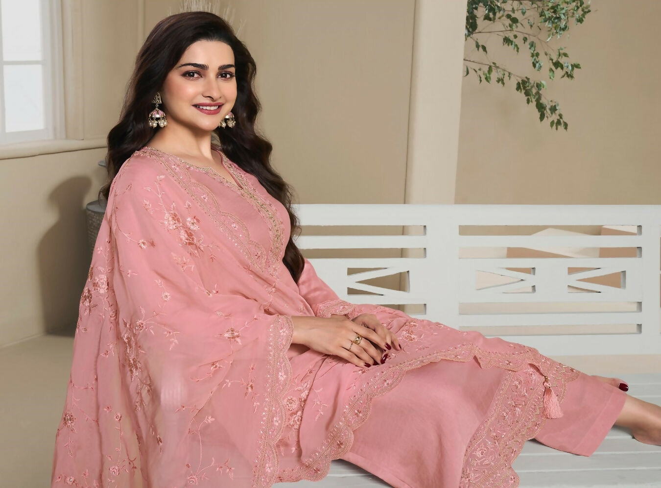 Anaita Peach Heavy Natural Crepe Stitched Suit with Embroidery & Zarkhan Work