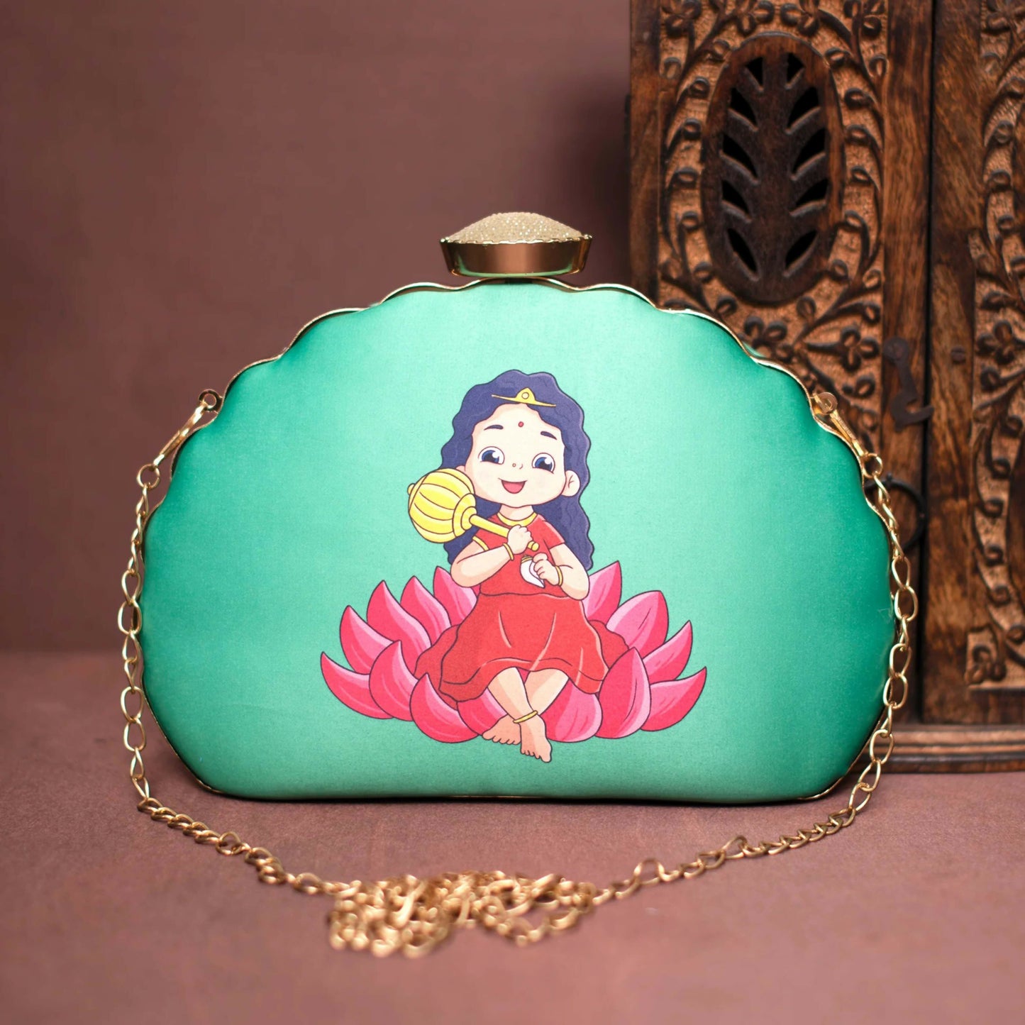 Joban Fashion Baby Durga Printed D-Shape Clutch - Green