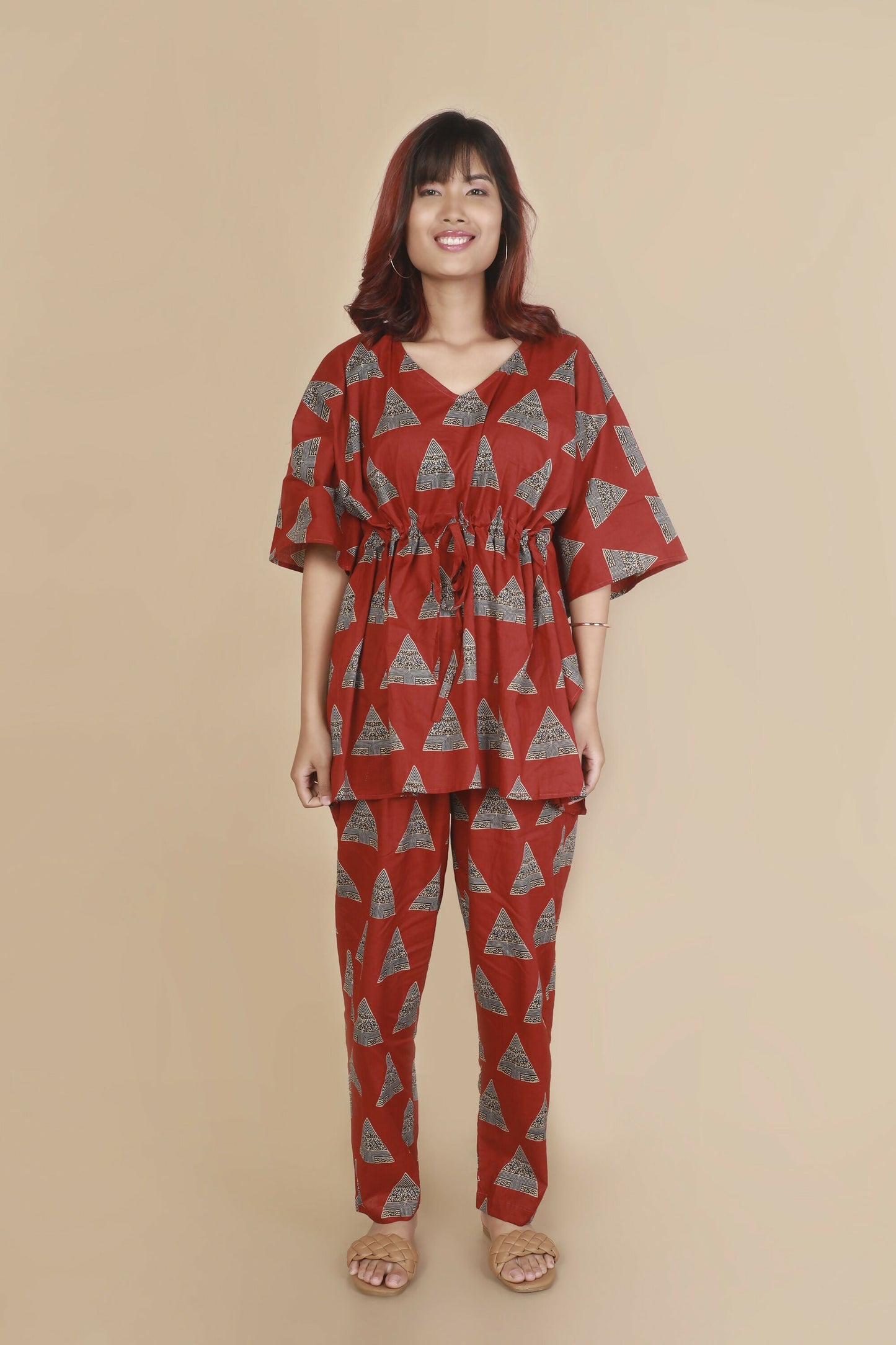 Breathables Women’S Loungewear Kaftan Cotton Red Geometric Print Co-Ord Set