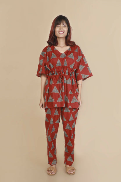 Breathables Women’S Loungewear Kaftan Cotton Red Geometric Print Co-Ord Set
