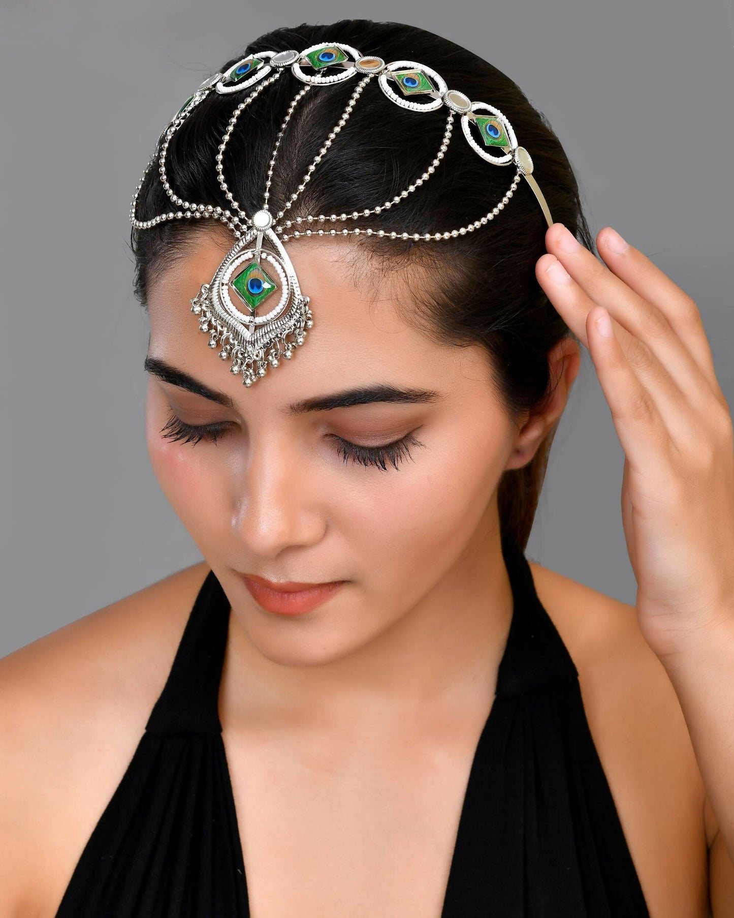 VOJ Silver Plated Peacock Printed Hairband With Mang Tikka