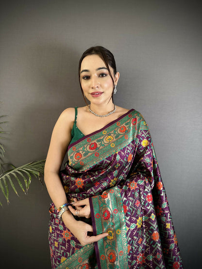 Joban Fashion Wine Banarasi Soft Silk Woven Saree