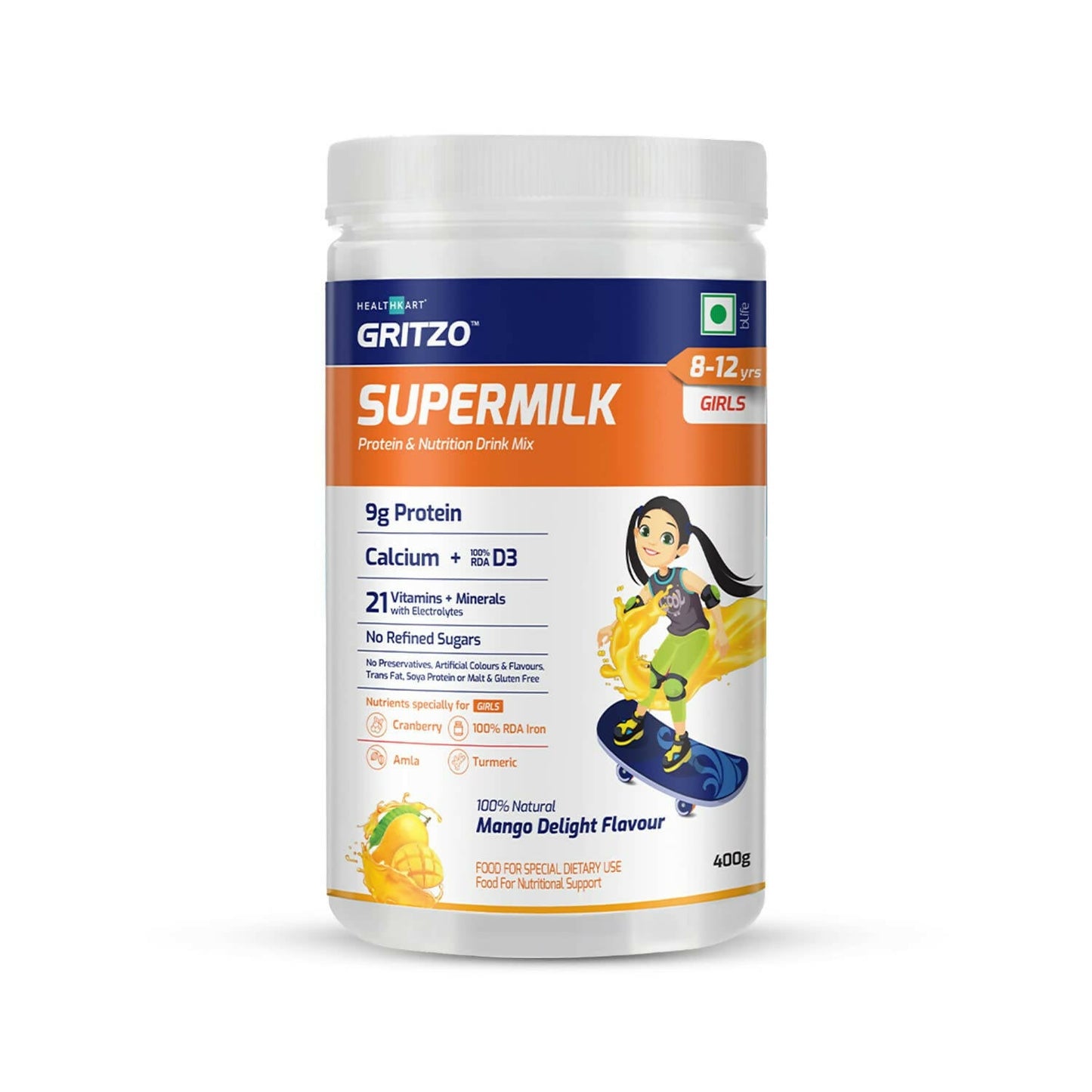 Gritzo SuperMilk Overall Growth (10-12y Girls), Zero Refined Sugar, 21 Vitamins & Minerals