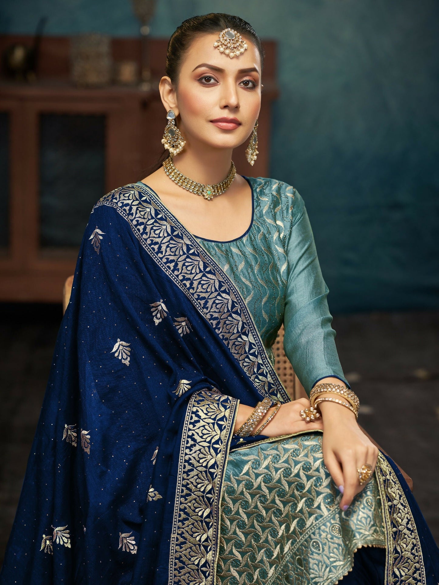 Anaita Light Teal Premium Embroidered with servos waki diamond Vichitra Silk Stitched Salwar Suit