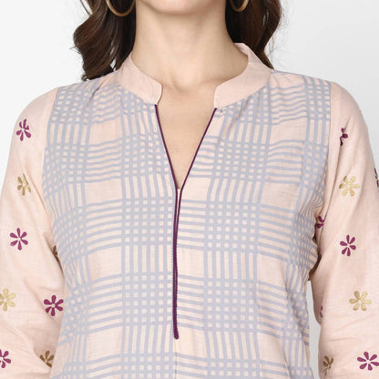 Cheera Hand Block Print Pale Pink & Skin Color Straight Kurta With Palazzo (MAAI-088K)