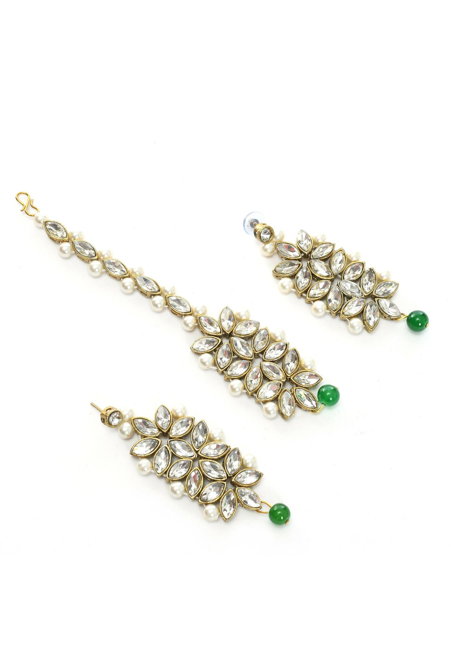 Mominos Fashion Johar Kamal Gold-Polished Rani Haar with Green and Off white Pearls Jewellery Set