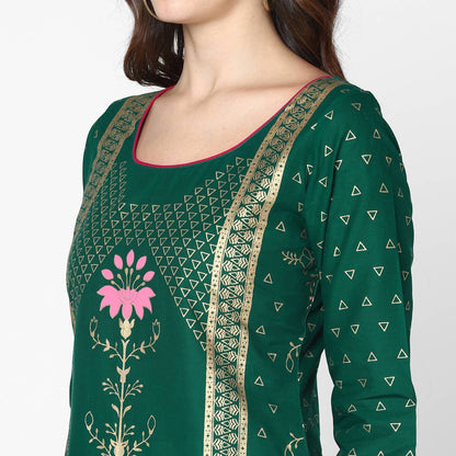 Cheera Hand Block Print Green & Skin Color Straight Kurta With Palazzo (MAAI-089K)