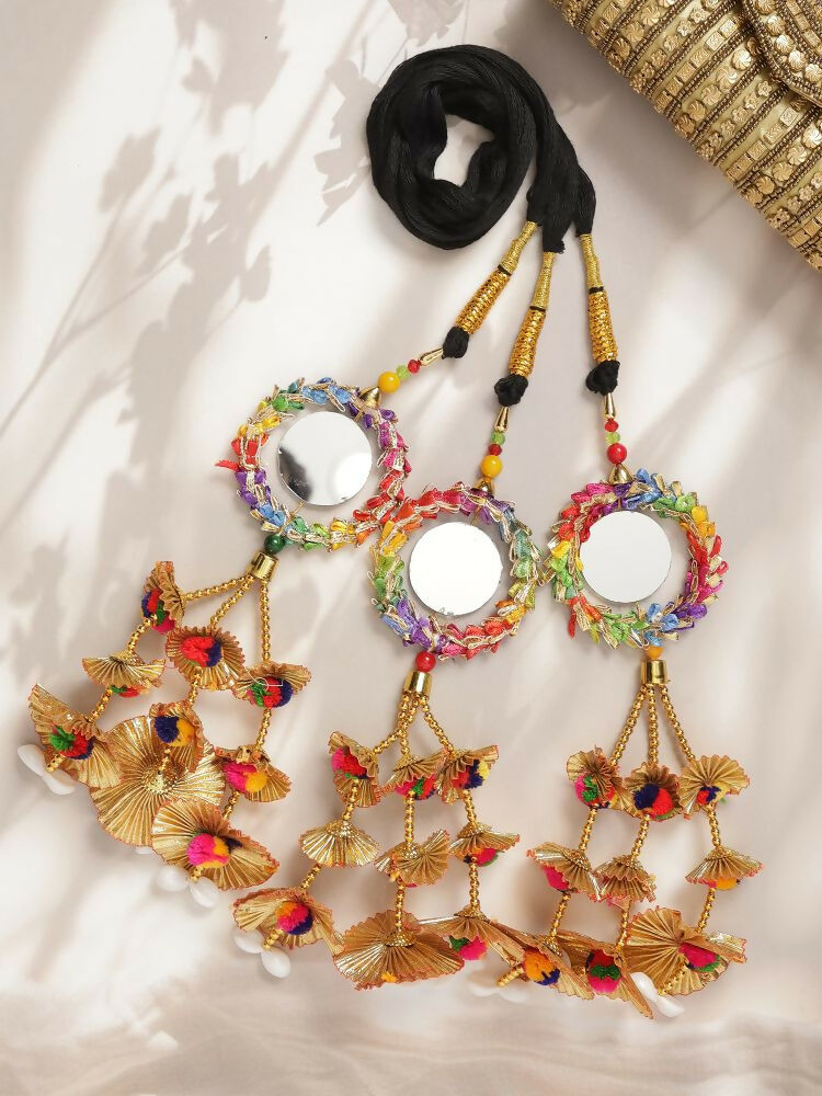 Ruby Raang Gold Gota Pati Work And Colorful Pastel Hues Threads With Shell And Black Thread And Mirror Work