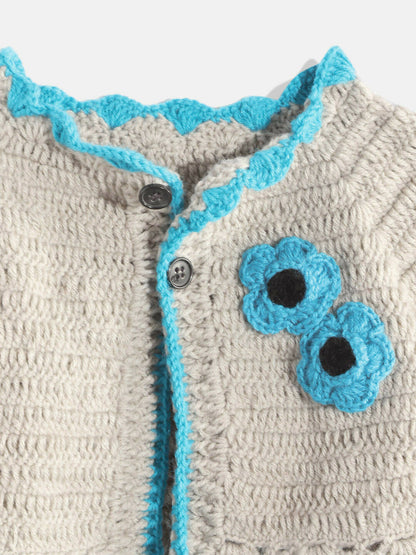 Chutput Kids Woollen Hand Knitted Full Sleeves Cardigan With Short Sleeves Flower Work Dress For Baby Girls - Grey