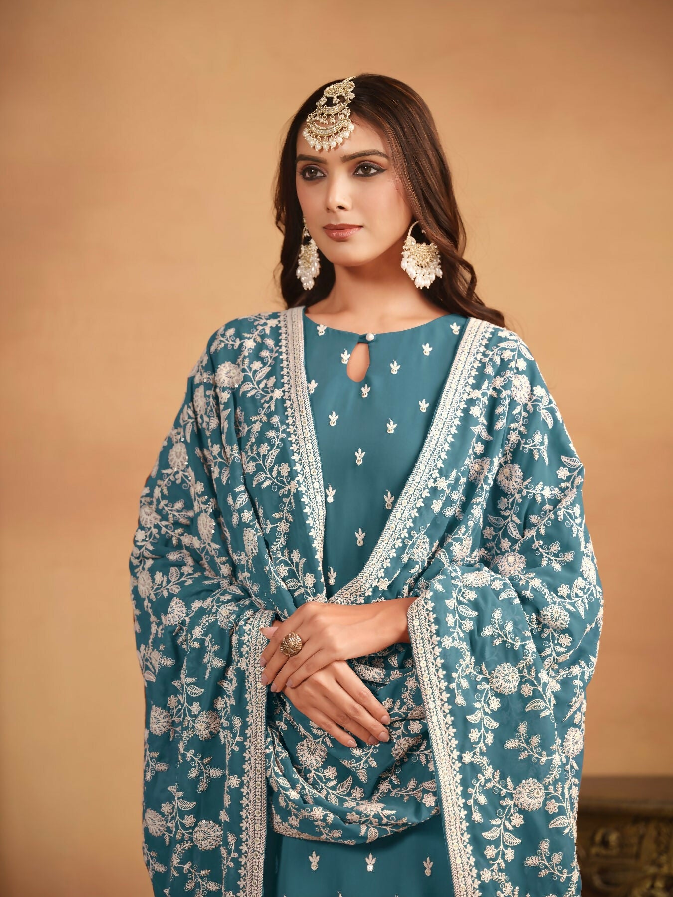 Anaita Teal Embroidered Faux Georgette Salwar Suit