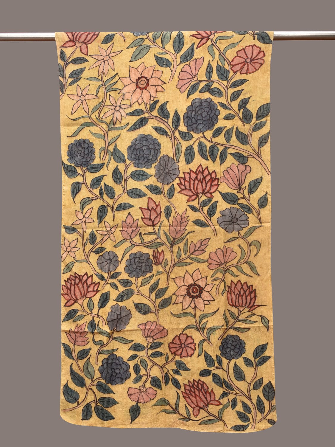 Yellow Kalamkari Hand Painted Sico Stole with Floral Design - Global Threads