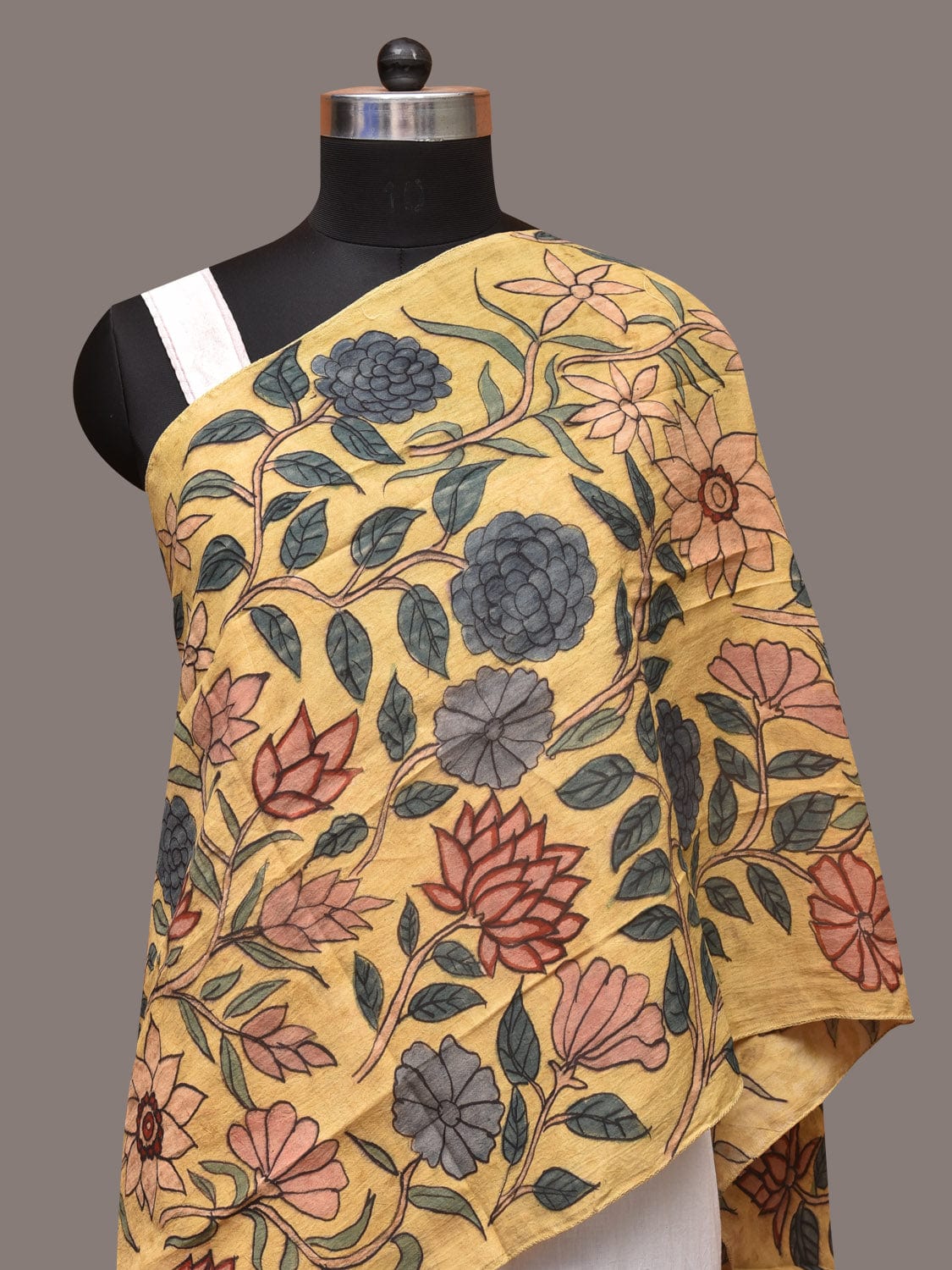 Yellow Kalamkari Hand Painted Sico Stole with Floral Design - Global Threads