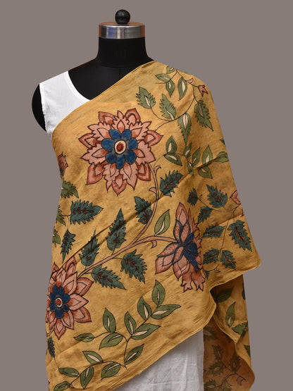 Yellow Kalamkari Hand Painted Sico Stole with Floral Design - Global Threads