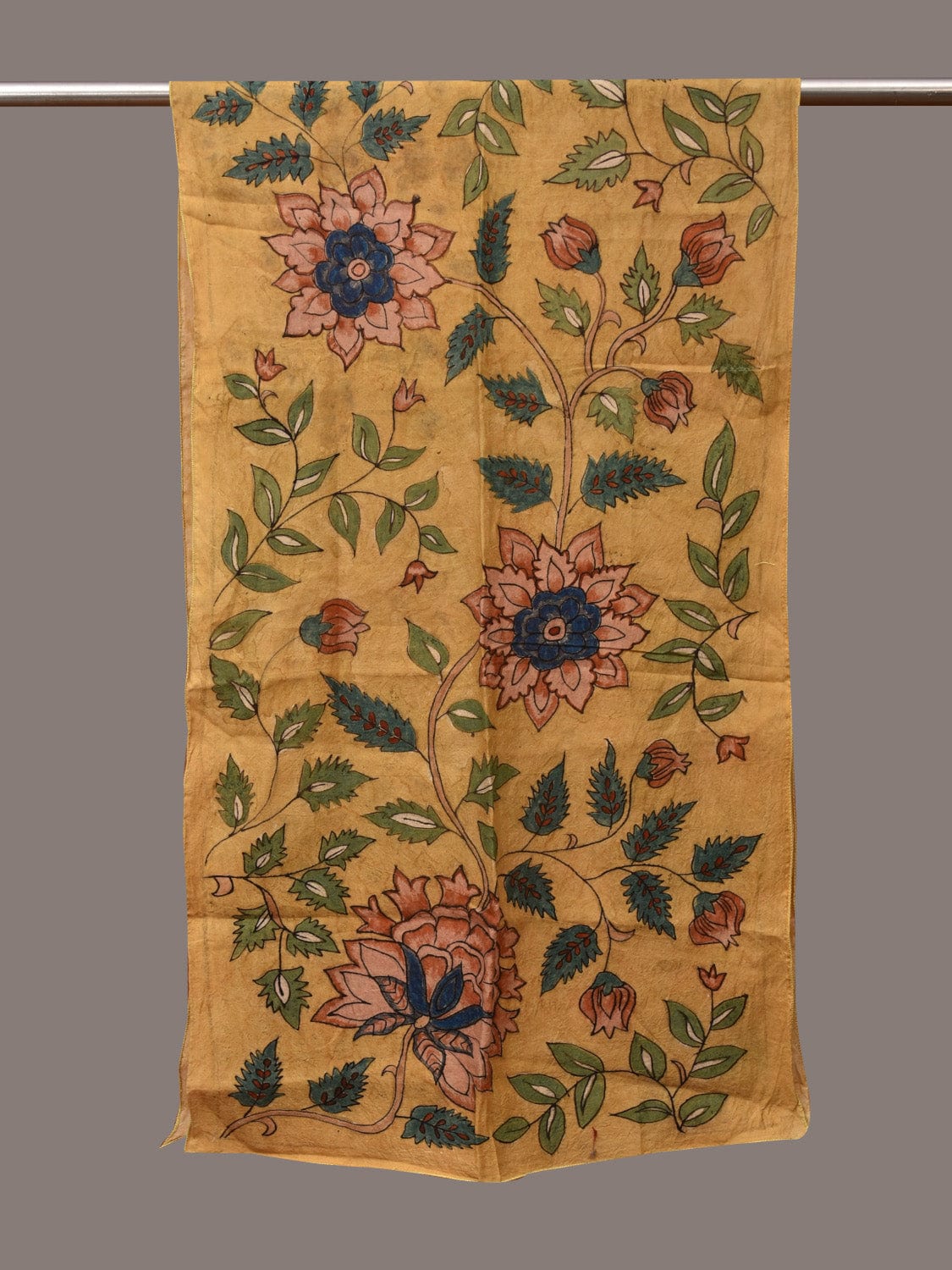 Yellow Kalamkari Hand Painted Sico Stole with Floral Design - Global Threads