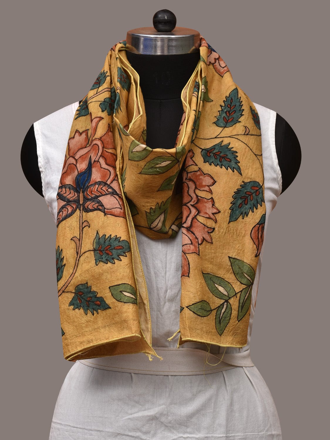 Yellow Kalamkari Hand Painted Sico Stole with Floral Design - Global Threads