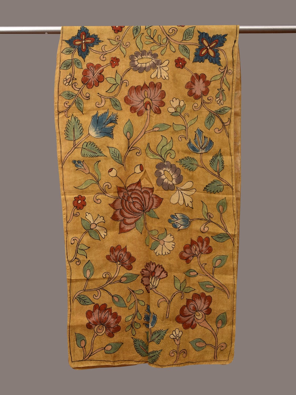 Yellow Kalamkari Hand Painted Sico Stole with Floral Design - Global Threads