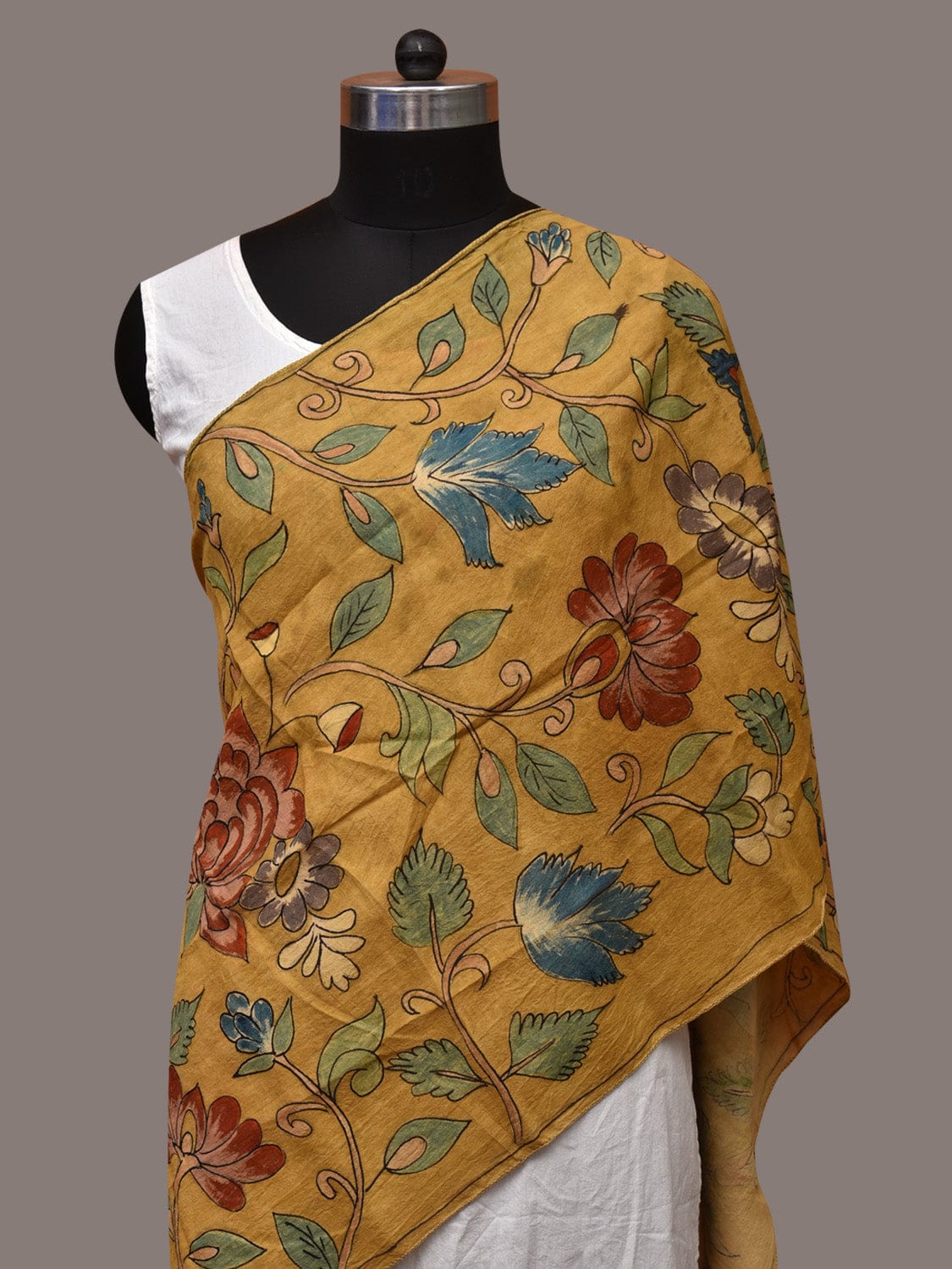 Yellow Kalamkari Hand Painted Sico Stole with Floral Design - Global Threads