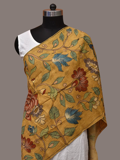Yellow Kalamkari Hand Painted Sico Stole with Floral Design - Global Threads