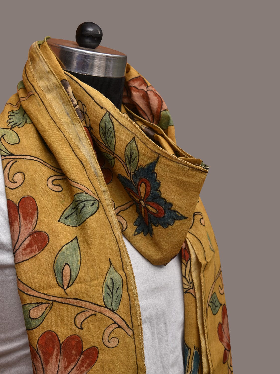Yellow Kalamkari Hand Painted Sico Stole with Floral Design - Global Threads