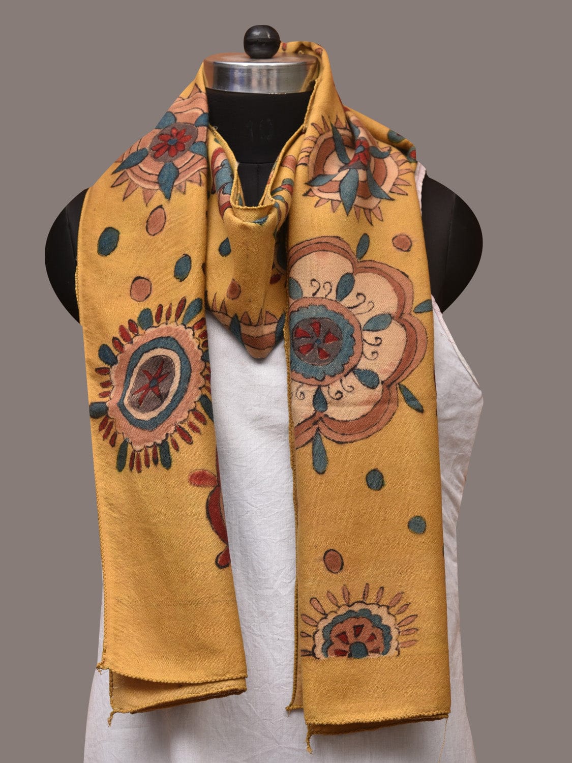 Yellow Kalamkari Hand Painted Woolen Handloom Stole with Floral Design - Global Threads