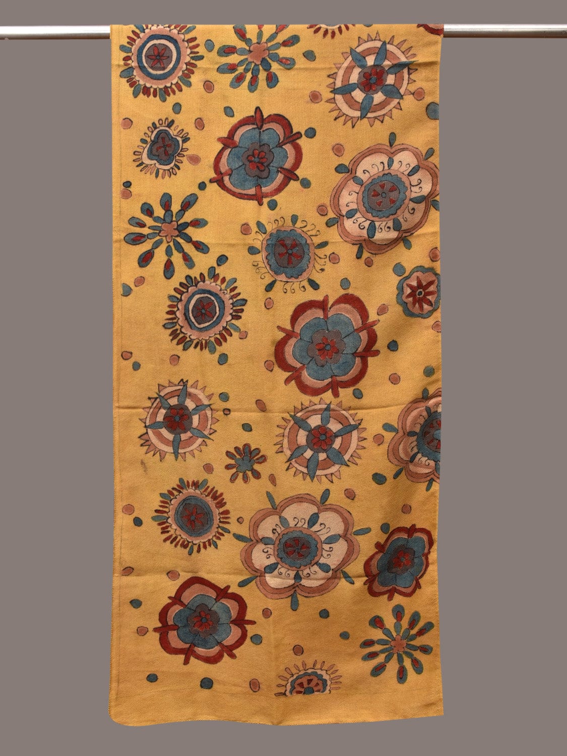 Yellow Kalamkari Hand Painted Woolen Handloom Stole with Floral Design - Global Threads