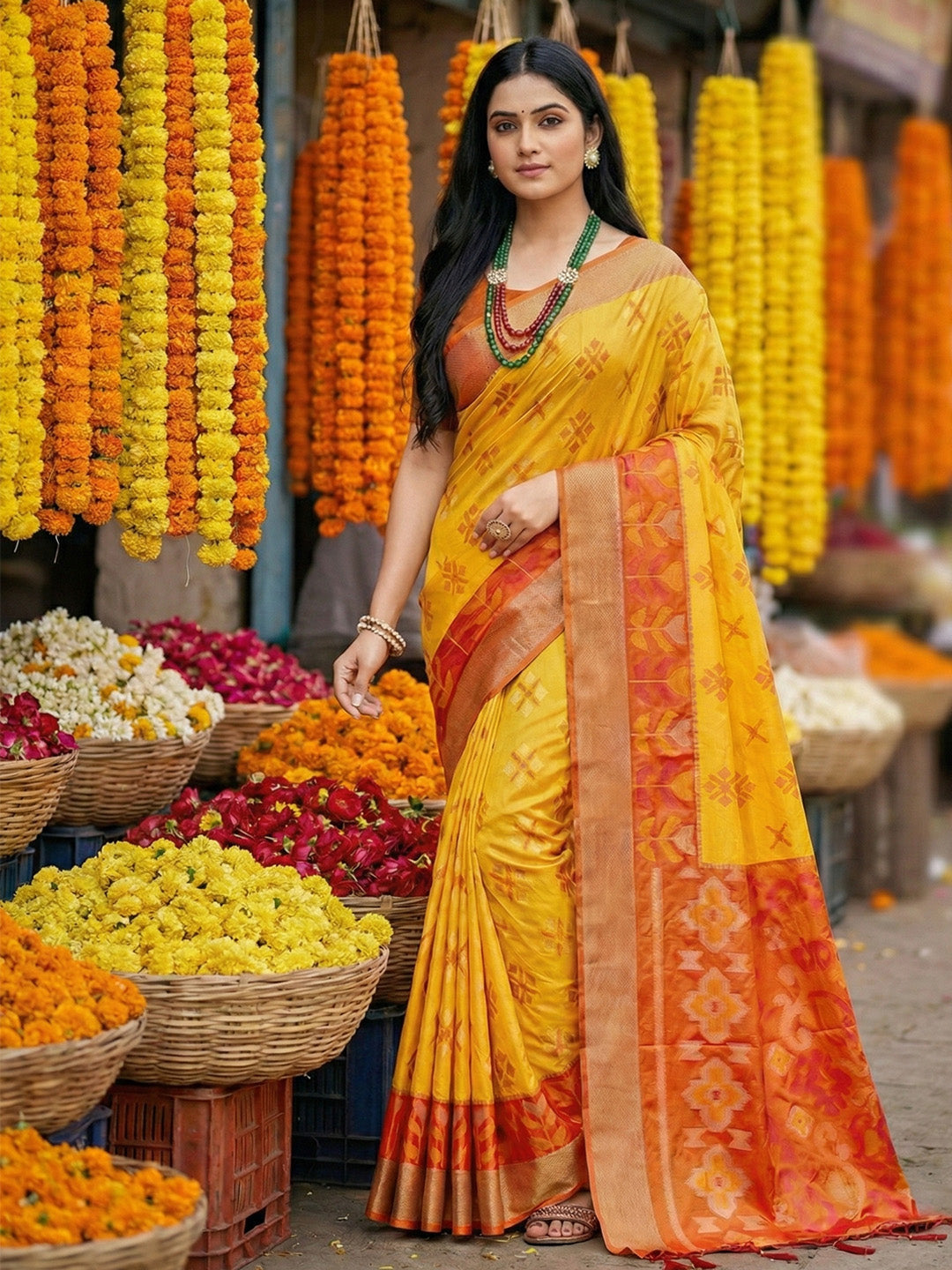 Anaita Yellow Pochampally Silk Woven Saree With Blouse