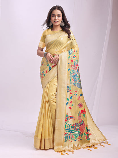 Anaita Yellow Linen Cotton Woven Saree With Blouse