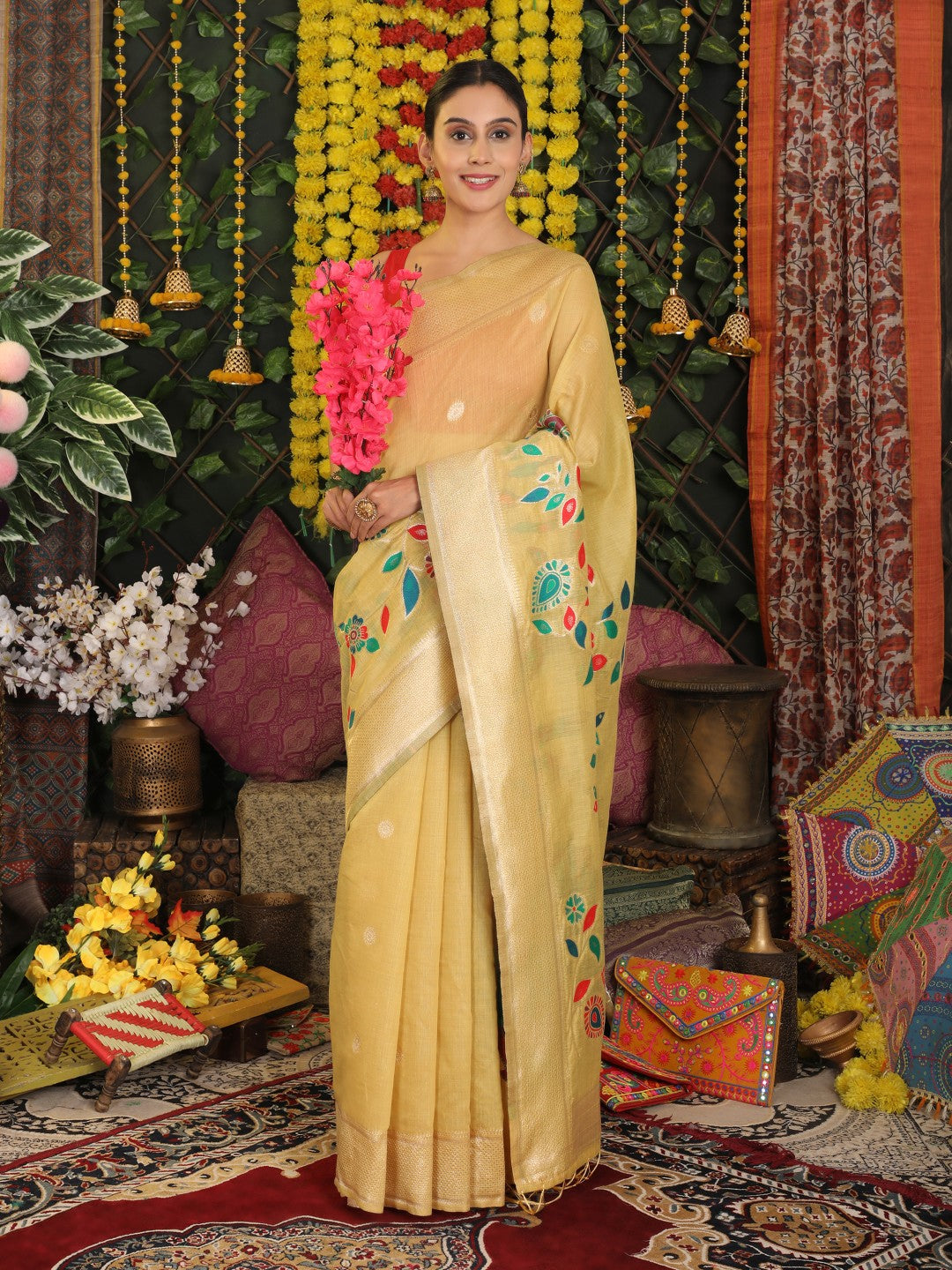 Anaita Yellow Linen Cotton Woven Saree With Blouse