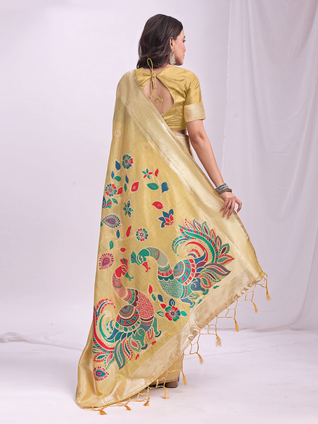 Anaita Yellow Linen Cotton Woven Saree With Blouse