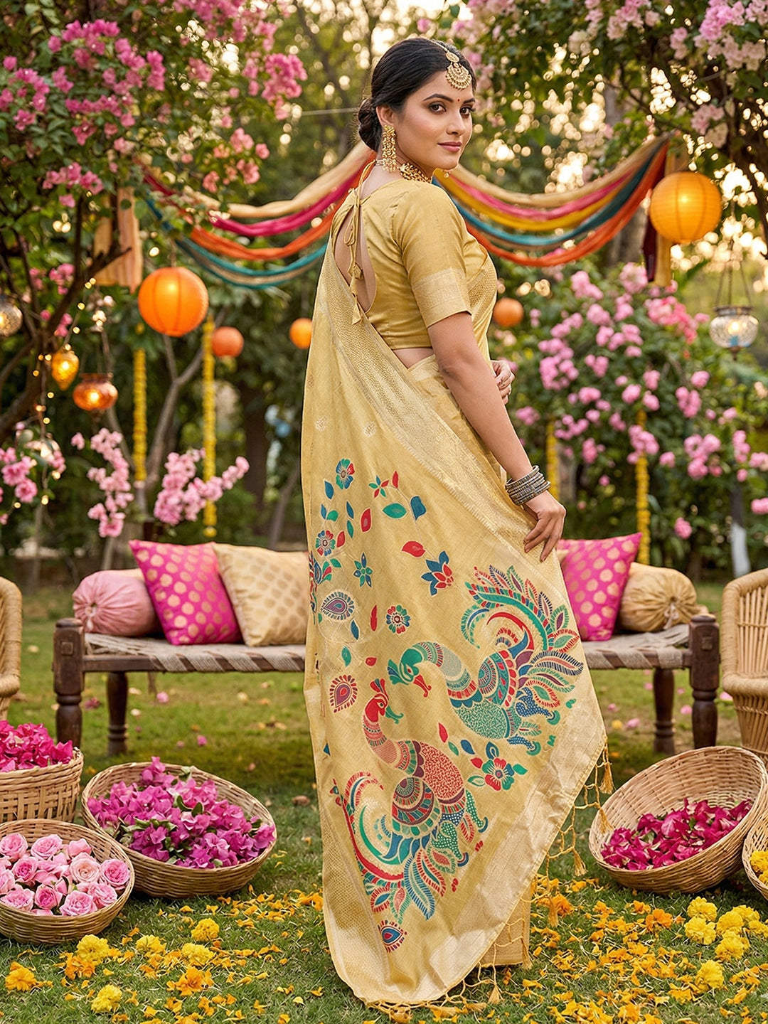 Anaita Yellow Linen Cotton Woven Saree With Blouse