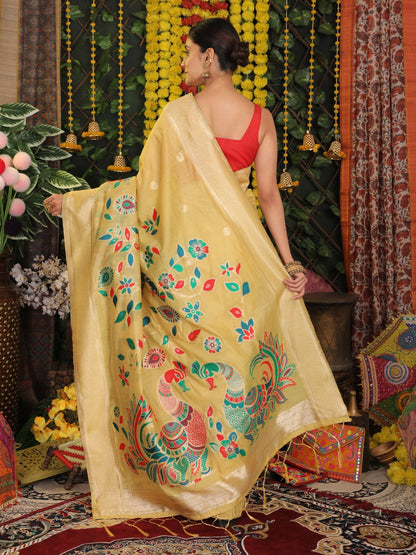 Anaita Yellow Linen Cotton Woven Saree With Blouse