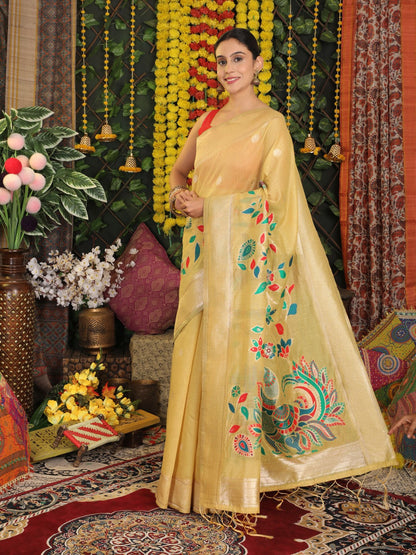 Anaita Yellow Linen Cotton Woven Saree With Blouse