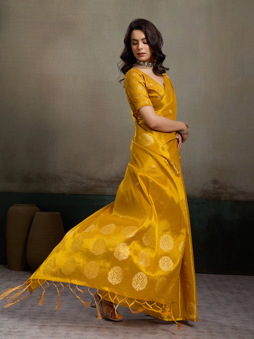 Anaita Yellow Tissue Silk Woven Saree With Blouse