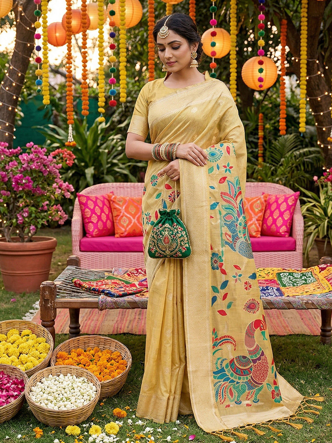 Anaita Yellow Linen Cotton Woven Saree With Blouse