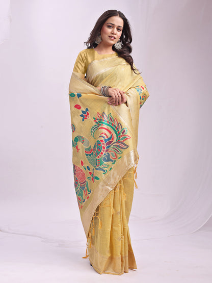 Anaita Yellow Linen Cotton Woven Saree With Blouse