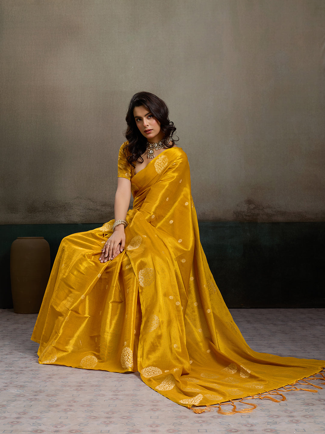Anaita Yellow Tissue Silk Woven Saree With Blouse