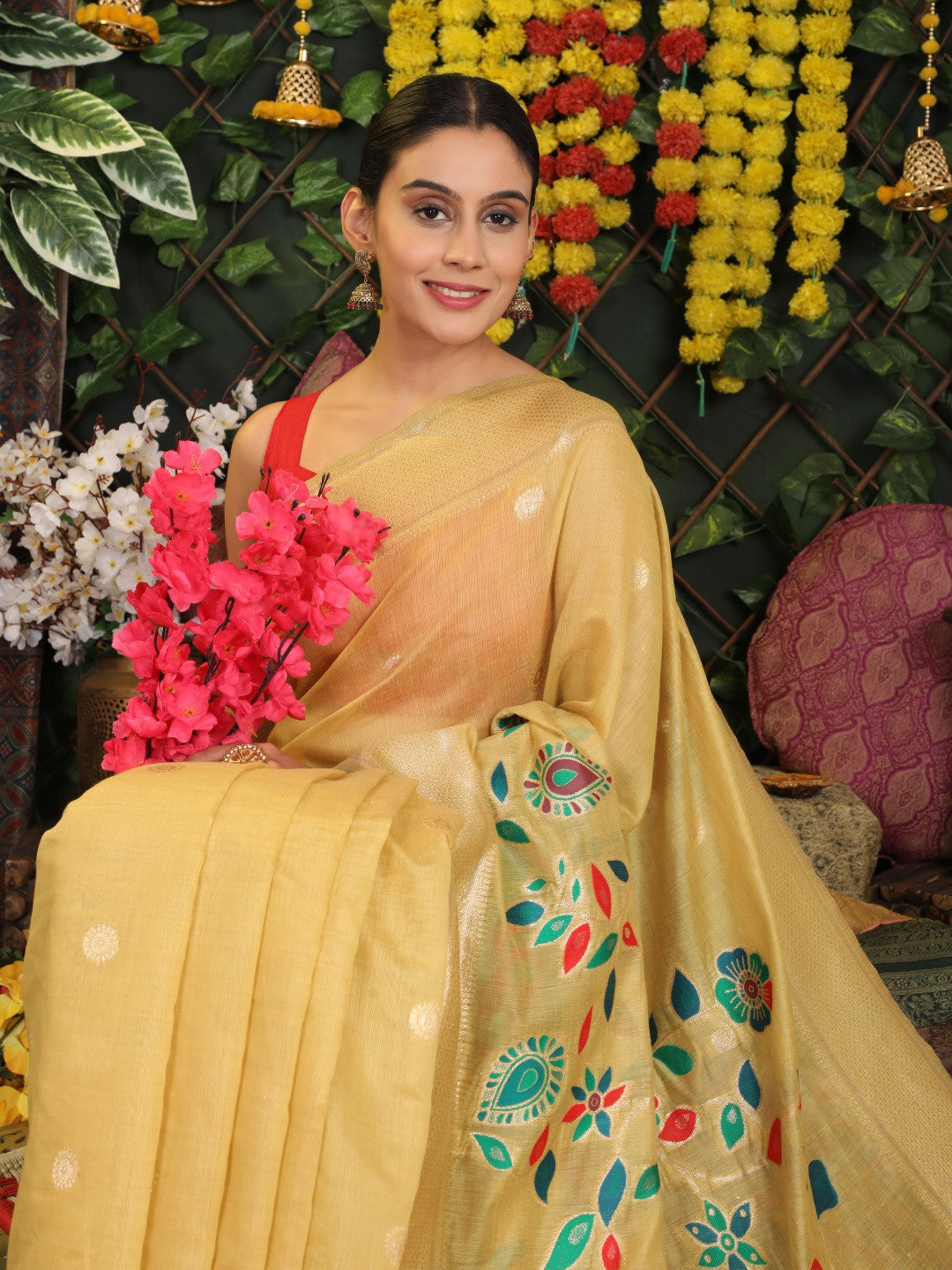 Anaita Yellow Linen Cotton Woven Saree With Blouse