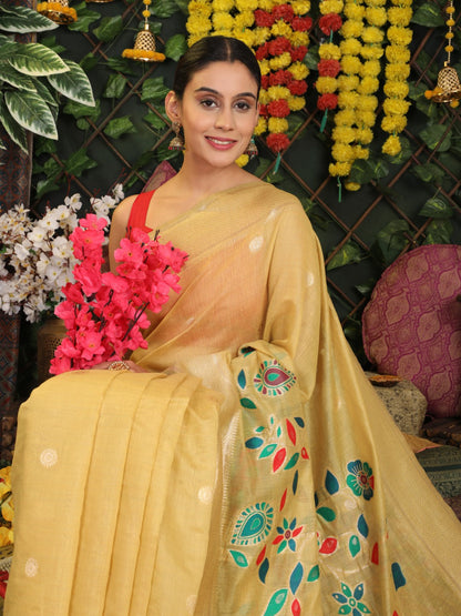 Anaita Yellow Linen Cotton Woven Saree With Blouse