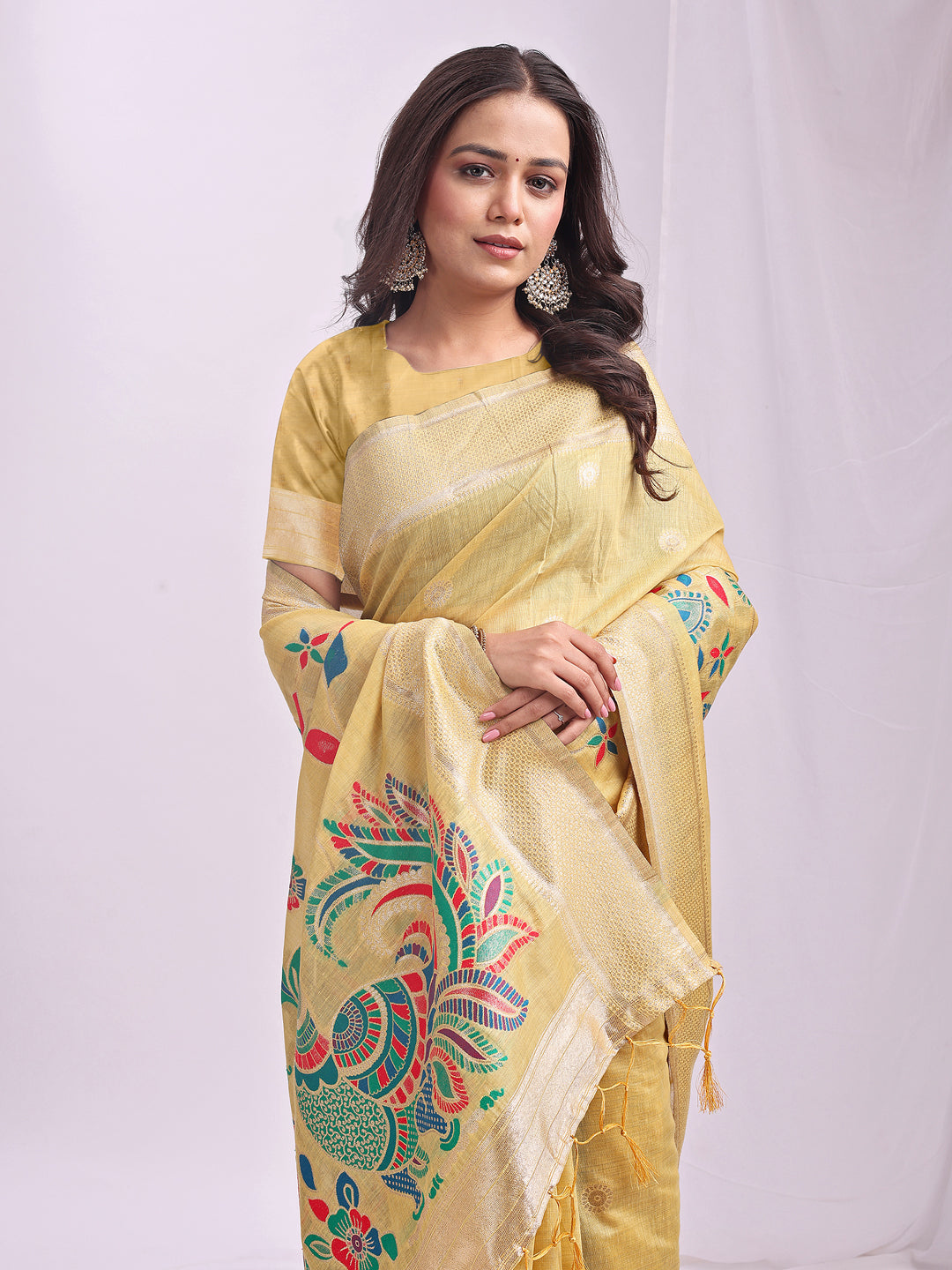 Anaita Yellow Linen Cotton Woven Saree With Blouse