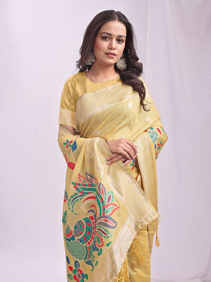 Anaita Yellow Linen Cotton Woven Saree With Blouse