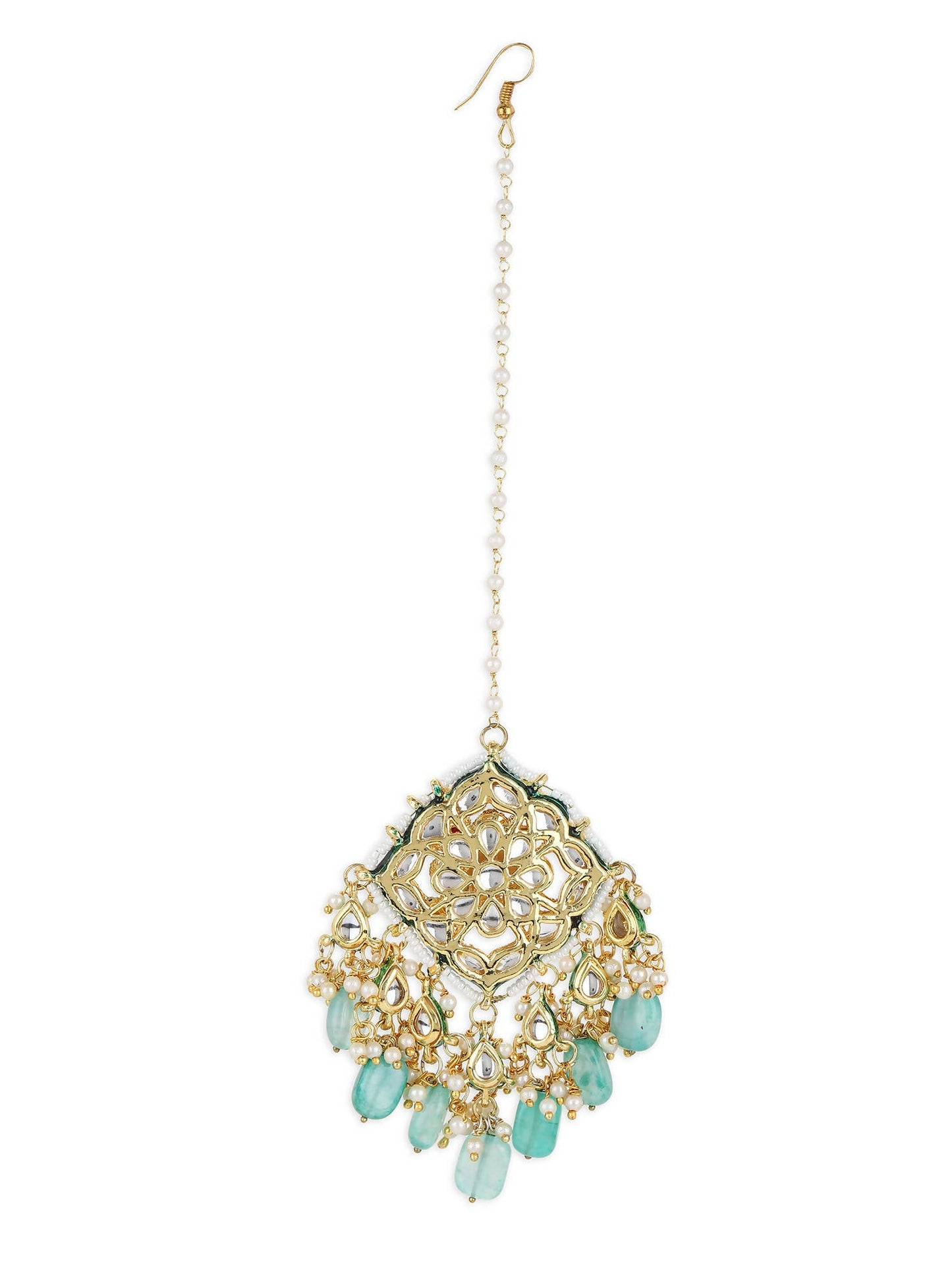 White Blue Gold-Polished Kundan-Studded Beaded Maang Tikka - Ruby Raang