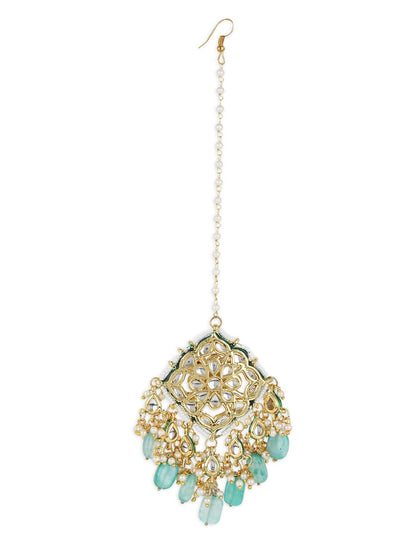 White Blue Gold-Polished Kundan-Studded Beaded Maang Tikka - Ruby Raang