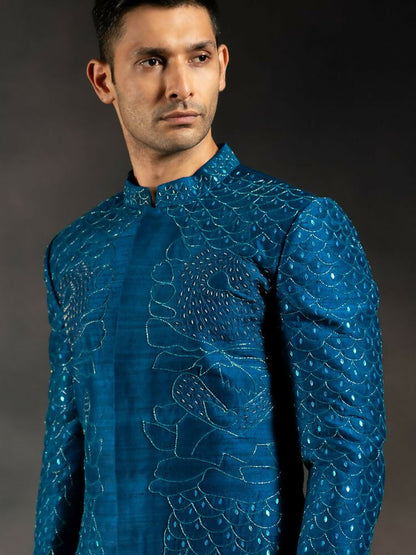 Ink Blue Hand Embroidered Indowestern Sherwani by Hilo Design