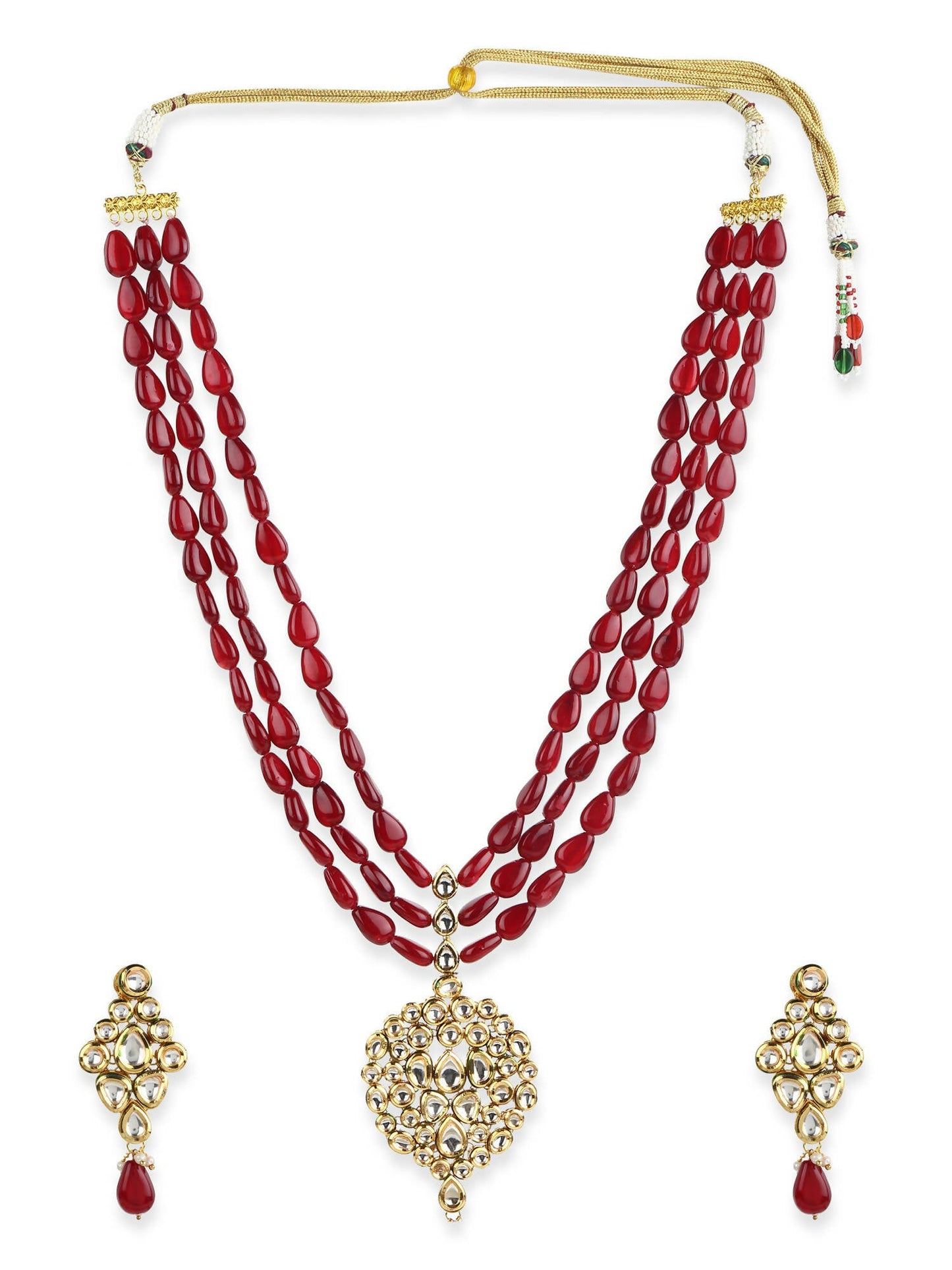 Gold-Polished White Maroon Kundan Studded Beaded Handcrafted Jewellery Set - Ruby Raang
