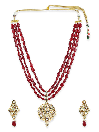 Gold-Polished White Maroon Kundan Studded Beaded Handcrafted Jewellery Set - Ruby Raang