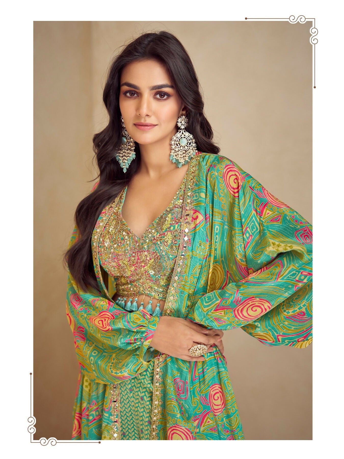 Anaita Green Real Chinon Stitched 3 Piece Suit with Printed & Embroidery hand work