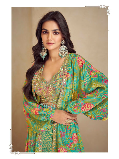 Anaita Green Real Chinon Stitched 3 Piece Suit with Printed & Embroidery hand work