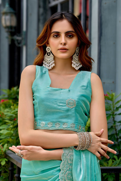 Vastranavya Turquoise Embroidery Work Shimmer Chiffon Saree with Unstitched Blouse